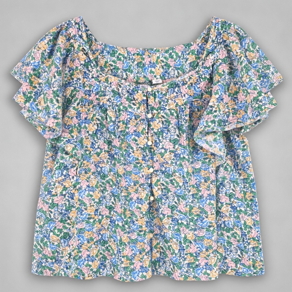 Old Navy Womens Medium Floral Button Front Flutter Sleeve Blouse Blue Pink M